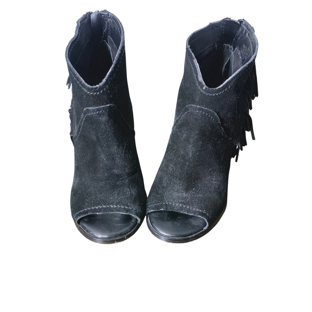 Gianna Bini Black Suede Fringe Peep Toe Ankle Boots Block Heel 7M